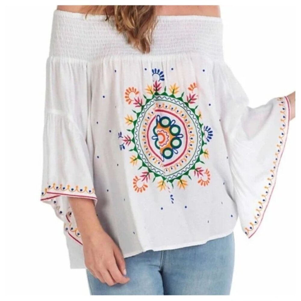 Mudpie Top‎ M White Off Shoulder Boho Western Embroidery Resort Feminine Peasant
